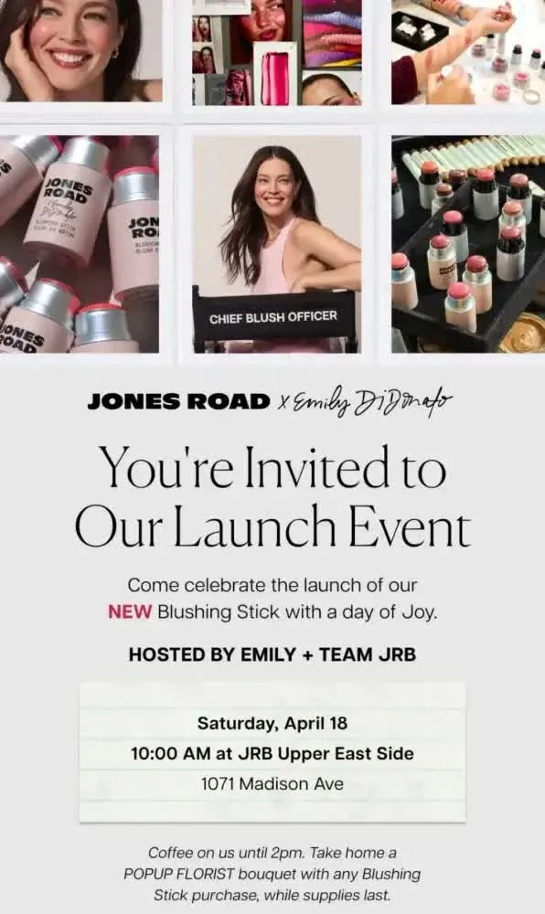 Jones Road&rsquo;s launch invite with Emily DiDonato and her Blushing Stick