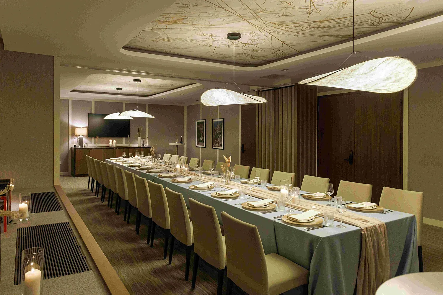 The private dining room at Abrielle, set as one long table for twenty four